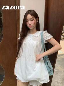甜美彼得潘領鏤空刺繡內裡短袖女版襯衫 夏季服飾 白色 - 白色 - 查看 3