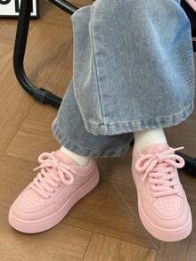 1 Pair Kids Thick Sole Casual Skate Shoes, Chunky Laces, Wavy Stitching Design, Breathable, Non-Slip, Soft Bottom, Versatile Daily Sports Shoes - Pink - View 2