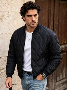 Men's Diamond Quilted Aviator Jacket, Ribbed Baseball Collar Zip-Up Lightweight Padded Outerwear, Casual Long Sleeve Jacket Suitable For Autumn/Winter Daily Wear - Black - View 2