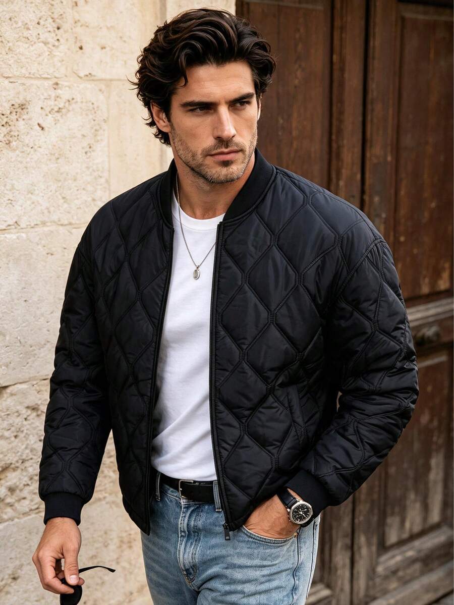 Men's Diamond Quilted Aviator Jacket, Ribbed Baseball Collar Zip-Up Lightweight Padded Outerwear, Casual Long Sleeve Jacket Suitable For Autumn/Winter Daily Wear - Black - View 1