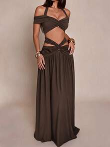 Vellofy Women Fall & Winter Dark Brown Two‑Piece Maxi Outfit Halter Off‑Shoulder Twist Cutout Set For Prom Gala Banquet Vacation Cocktail Party - Dark Brown - View 7