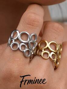 Frminee 2pcs/1pc Chunky Statement Ring For Women, Stainless Steel Hollow Circle Openwork Wide Band Ring, Gold/Silver Tone Geometric Jewelry For Daily Wear - Multicolor - View 1
