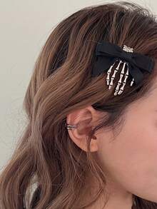 2pcs Halloween Gothic Bow Skull Hair Clips, Women's Punk Style Hair Accessories Holiday Headwear, Fashion Bow Hair Clips Halloween Horror Decor - Multicolor - View 1