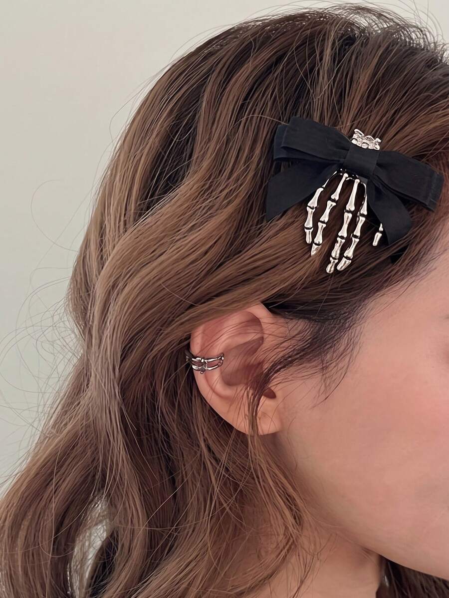 2pcs Halloween Gothic Bow Skull Hair Clips, Women's Punk Style Hair Accessories Holiday Headwear, Fashion Bow Hair Clips Halloween Horror Decor - Multicolor - View 1