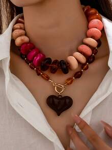 1/2pcs Colorful Chunky Acrylic Bead Necklace, Red Heart Pendant T-Bar Choker, Y2K Style Bead Chain Jewelry, Suitable For Party And Daily Wear - Multicolor - View 17