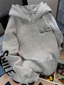 LQTY Autumn And Winter Women's Little Bear Pattern Versatile Fashion Y2K Street Casual Commuting Loose Gray Plus Drawstring Hooded Sweatshirt - Light Grey - View 2