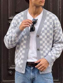 Teen Boys Grey Blue Checkerboard V-Neck Knit Cardigan, Loose Fit Dropped Shoulder Single-Breasted College Style Sweater, Spring/Autumn - Grey - View 6