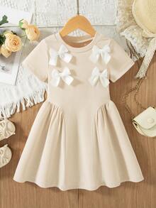 Girls' Casual Solid Color Bow Decor Short Sleeve Knee-Length Dress, Summer - Apricot - View 1