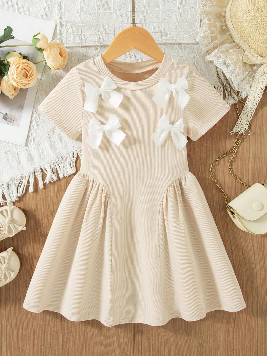Girls' Casual Solid Color Bow Decor Short Sleeve Knee-Length Dress, Summer - Apricot - View 1