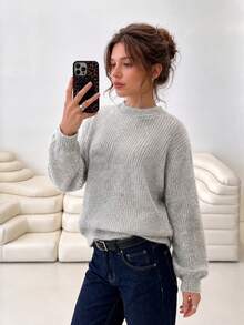Women's Soft Ribbed Knit Long Sleeve Drop Shoulder Crew Neck Sweater, Casual Autumn Warm Knit Top - Light Grey - View 4