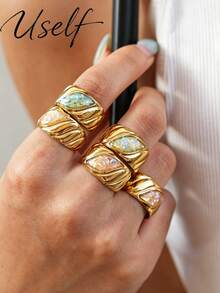 Uself 5pcs/1pc Cincin Lebar Bertekstur Vintage, Desain Alur Mata Kuda Cangkang Hancur Multi-Warna, Cincin Jari Telunjuk Mewah Kelas Atas yang Dapat Diatur - MultiWarna - View 1
