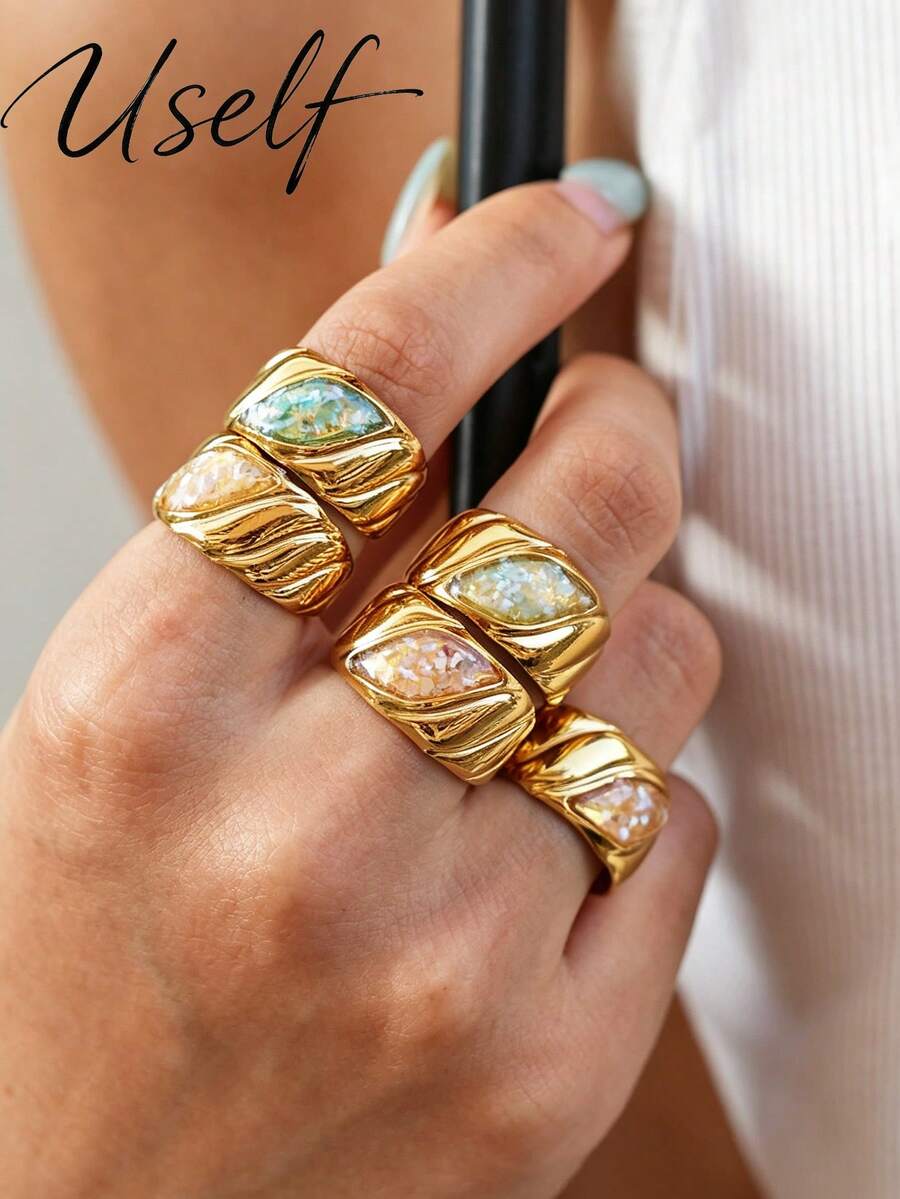 Uself 5pcs/1pc Cincin Lebar Bertekstur Vintage, Desain Alur Mata Kuda Cangkang Hancur Multi-Warna, Cincin Jari Telunjuk Mewah Kelas Atas yang Dapat Diatur - MultiWarna - View 1