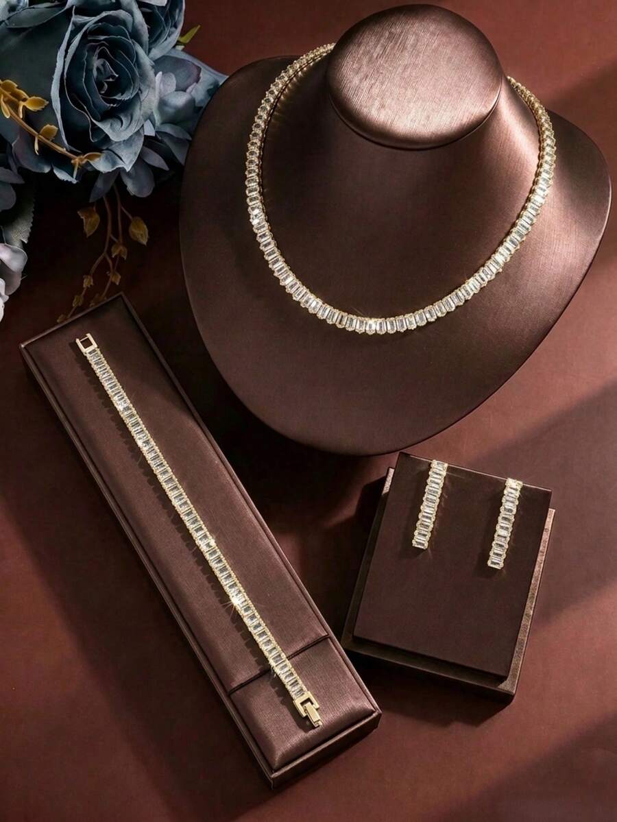 3Pcs Gold‑Tone Emerald‑Cut Cubic Zirconia Jewelry Set, Choker Necklace Dangle Earrings Bracelet For Party Evening Dress - Jewelry Set - View 1