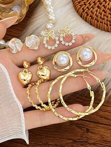 12pcs/Set Alloy Round Earrings, Women's Faux Pearl C-Shaped Earrings, Vintage Luxury Earrings, Various Styles Suitable For Daily Wear - Multicolor - View 1