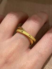法式復古拉絲金時尚優雅奢華紋理 18K 鍍金可調節女款戒指，適合多種場合，完美禮物選擇 - 金色 - 查看 4