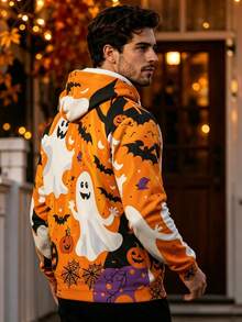 Men's Halloween Ghost Pumpkin Print Hoodie, Spooky Graphic Casual Pullover Sweatshirt - Multicolor - View 2