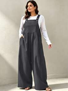 IGKEEL Plus Size Women's Pleated Wide Leg Casual Solid Color Jumpsuit With Pockets, Spring/Summer - Dark Grey - View 2