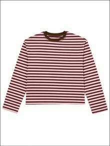 Casual Commute Daily Drop Shoulder Loose Striped Top Spring, French Girl Style - Rusty Rose - View 5