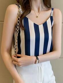 Women's Casual Striped Tank Top, Adjustable Strap Design - Blue & Beige Vertical Stripes, V-Neck, Polyester Fabric, Non-Stretch, Loose Waist-Cinching Slimming Thin Summer Sleeveless Top, Perfect For Casual Wear, Sexy Blouse - Navy Blue - View 2