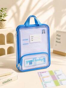 1Pc Cute Back‑To‑School Transparent Document Bag, Solid Color Edge Binding With Label Pocket, Zipper File Pouch With Portable Handle, Multi‑Layer Clear PVC File Organizer, Perfect For A4 Papers, Homework And School Supplies, Practical Storage Pouch - Multicolor - View 7