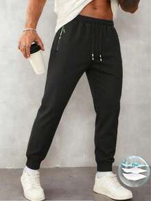 Men's Sports Long Pants With Zipper Pockets, Outdoor Casual Sweatpants, Fashionable Versatile Spring/Autumn Cuffed Knit Joggers - Black - View 10