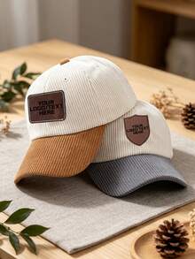 Custom Leather Patch Corduroy Baseball Cap, Personalized Text Logo Trucker Hat, Unisex Dual-Tone Adjustable Vintage Autumn/Winter Casual Daily Gift Hat - Multicolor - View 3