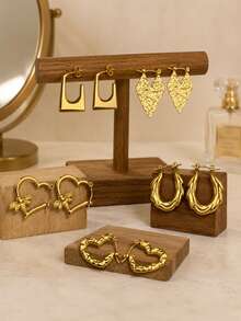 6 Pairs Gold Stainless Steel Earrings Set For Women, Heart Bee Geometric Hoop Statement Earrings, Vintage Boho Jewelry For Daily Wear Party Gift - Gold - View 3