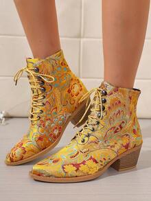 Women's Vintage Jacquard Ankle Boots, Pointed Toe Lace-Up Chunky Heel Ankle Boots, Chinese Style Floral Fabric - Yellow - View 3