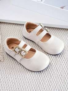 Girls' Double Buckle Mary Jane Shoes, Vintage Metal Flower Decor, Non-Slip Shoes For Toddlers - White - View 2