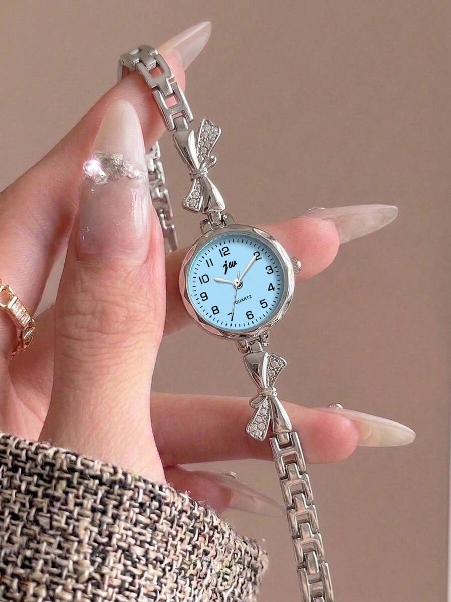 1件女款時尚合金手鍊腕錶,優雅復古圓盤面搭配蝴蝶結水鑽鍊條,適合多種場合,理想的節日禮物 - 藍色 - 查看 1