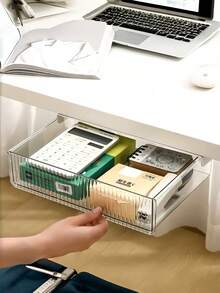 1pc Under Desk Hidden Drawer, No Drilling Adhesive Transparent Storage Box, Student Desk Stationery Pen Slot, Office Supplies Organizer - White - View 5