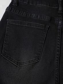 Women's Black Denim Wide Leg Pants, Button Decor, Long Casual Style, Medium Stretch Fabric, Comfortable All Day - Black - View 7