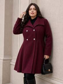 Plus Size Women's Winter Thickened Coat, Burgundy Asymmetrical Collar Double-Breasted A-Line Mid-Length Jacket - Burgundy - View 5