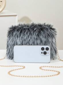 Furry Bag With Metal Chain, Women's Fashion Personalized Minimalist Versatile Shoulder Bag, Suitable For Daily Shopping, Dating, Music Festivals - Black and White - View 3