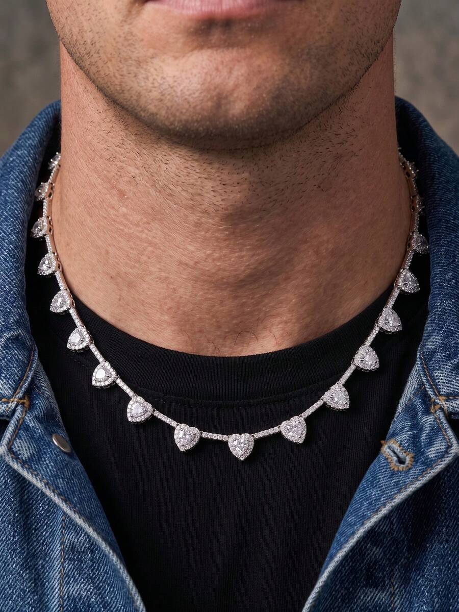 1pc Men's Hip Hop Shiny Copper Color Zirconia Heart Necklace, Micro-Pave Tennis Necklace, Men's Autumn Street Party Birthday Gift Jewelry - White - View 1