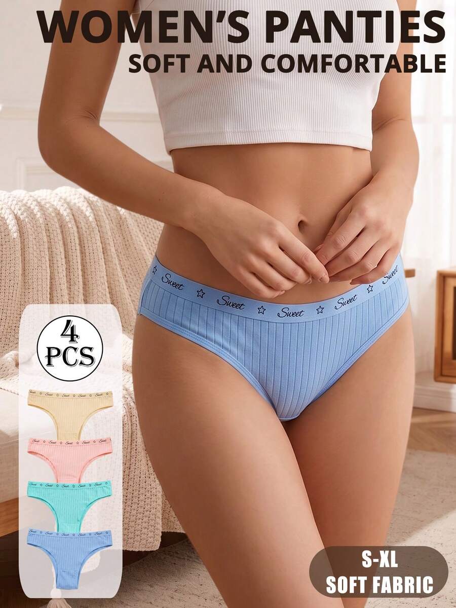 4pcs Plus Size Women's Panties, Macaron Solid Color Girls Underwear, Comfortable Simple Low Waist Triangle Briefs For Daily, Back To School, Commuting - Multicolor - View 1