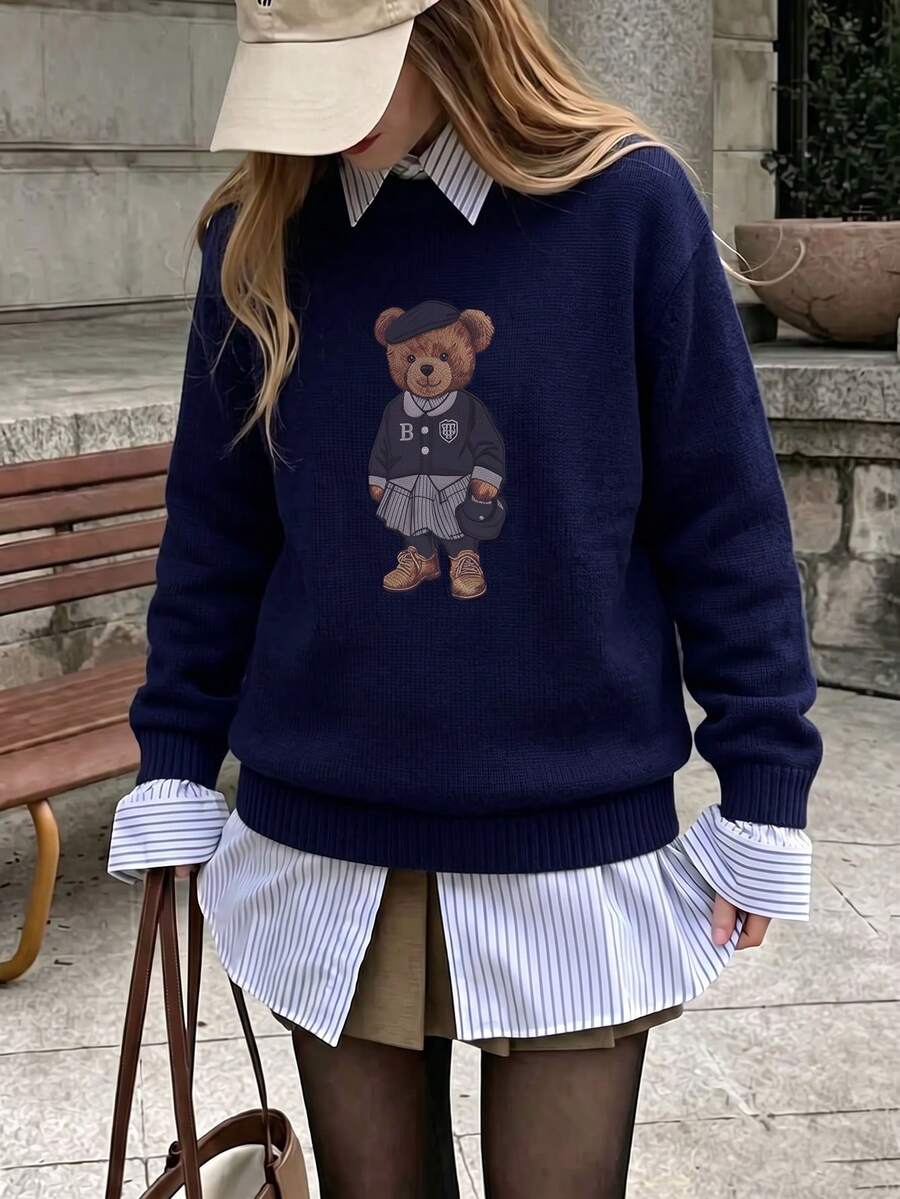Women's Navy Blue Teddy Bear Print Knit Long Sleeve Crew Neck Pullover, Autumn Essential - Navy Blue - View 1