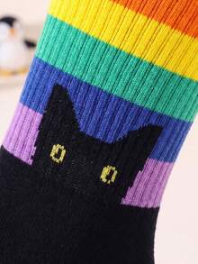 4 Pairs Rainbow Striped Black Cat Print Mid-Calf Socks For Women, Personalized Colorblock Cartoon Casual Cotton Socks, Multi-Color Assortment - Multicolor - View 5