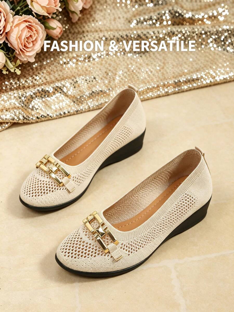 Women's Round Toe Wedge Heel Mesh Breathable Metal Buckle Low Vamp Ballet Shoes, Spring/Summer Commute Minimalist Elegant Driving Loafers - Beige - View 1