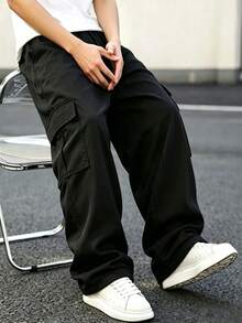 1pc Teen Boys Lightweight Cooling Versatile Straight Leg Multi-Pocket Long Pants, Spring/Summer/Autumn Back To School Season - Black - View 1