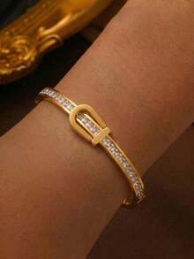 1 Pieza Moderno Brazalete De Acero Inoxidable Y Circonita Cúbica Adecuado Para Mujeres - Dorado - Ver 3