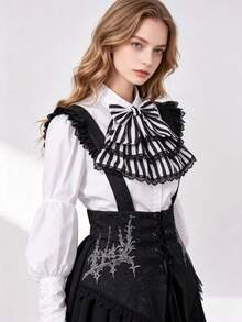 1pc Women Gothic Collar Black White Striped Large Bow Multi‑Layer Ruffled Lace Trim Detachable For Party Cosplay Costume Dress Decoration Accessory - A - View 5