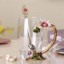 Decorative Enamel Sunflower Lead‑Free Crystal Glass Tea Cup & Spoon Set, Elegant Beverage Drinking Glassware - Transparent - View 7