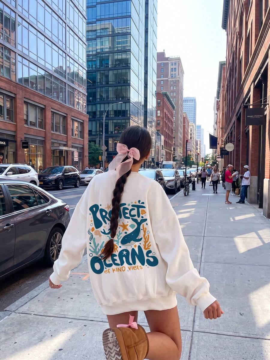 Women's Long Sleeve Knitted V-Neck Sweatshirt, Ocean Protection Graphic, Ideal Casual Back-To-School Style For Autumn - White - View 1