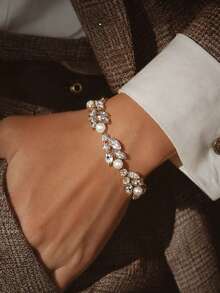 1pc Women's Elegant Gold Marquise Rhinestone Pearl Bracelet, Sparkling Leaf-Shaped Crystal Chain Bracelet, Suitable For Ball, Banquet, Date - Rhinestones - View 1