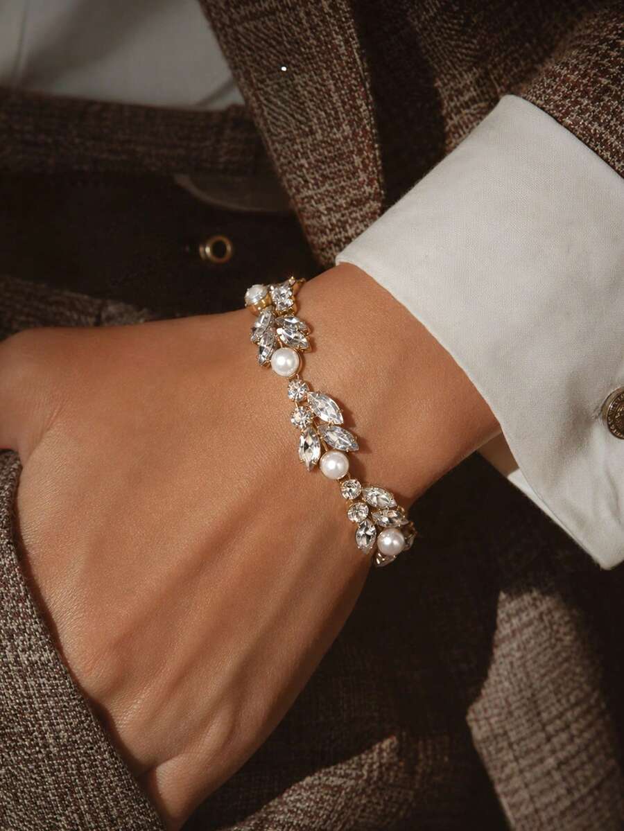 1pc Women's Elegant Gold Marquise Rhinestone Pearl Bracelet, Sparkling Leaf-Shaped Crystal Chain Bracelet, Suitable For Ball, Banquet, Date - Rhinestones - View 1