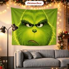The Grinch 1PC Christmas Hanging Fabric, Party Supplies Hanging Decoration, Curtain Backdrop Tapestry, Green Monster Print Pattern, Rectangular Format, Atmospheric Background Cloth, Suitable For Winter Home Decor, Christmas Party, Photo Shoot, Holiday Soft Decoration - Multicolor - View 5
