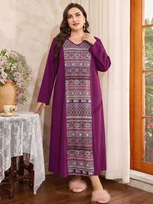 Plus Size Woven Fabric Loose Fit Casual Home Wear Dress, Autumn - Multicolor - View 1
