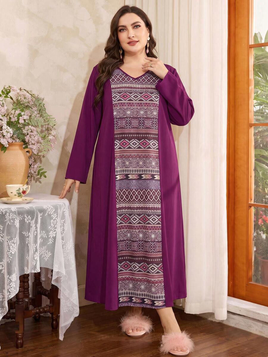 Plus Size Woven Fabric Loose Fit Casual Home Wear Dress, Autumn - Multicolor - View 1