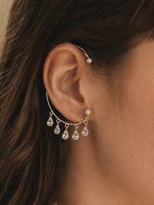 outingfit 1 Pasang Anting Kait Telinga Bentuk Tetesan Air Desain Minimalis dengan Hiasan Berlian Imitasi, Aksesoris Fashion untuk Wanita - Perak - View 1
